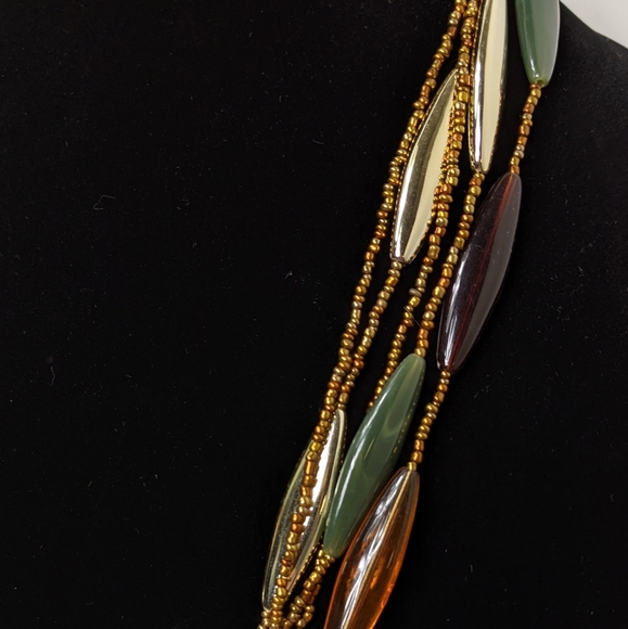 Necklace Beaded Multistrand Green Brown Gold - Picture 5 of 6